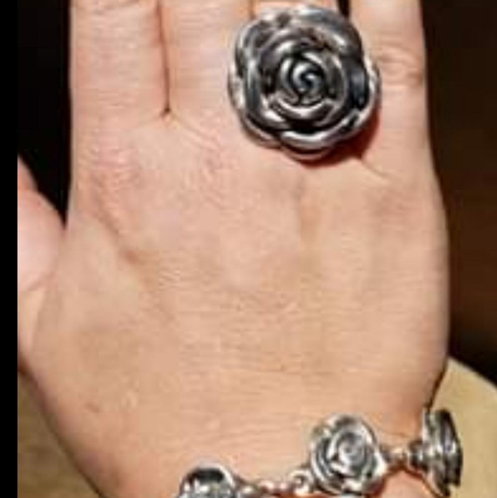 Sterling silver rose bracelet and sz 8 ring set